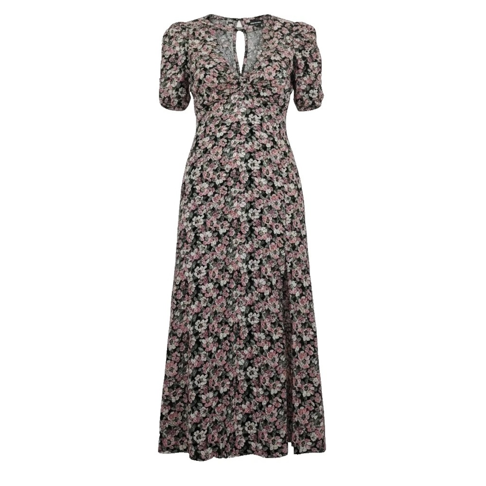 Abercrombie & Fitch Floral Midi Dress Puff Sleeve Cut Out Back V Neck Size Large
